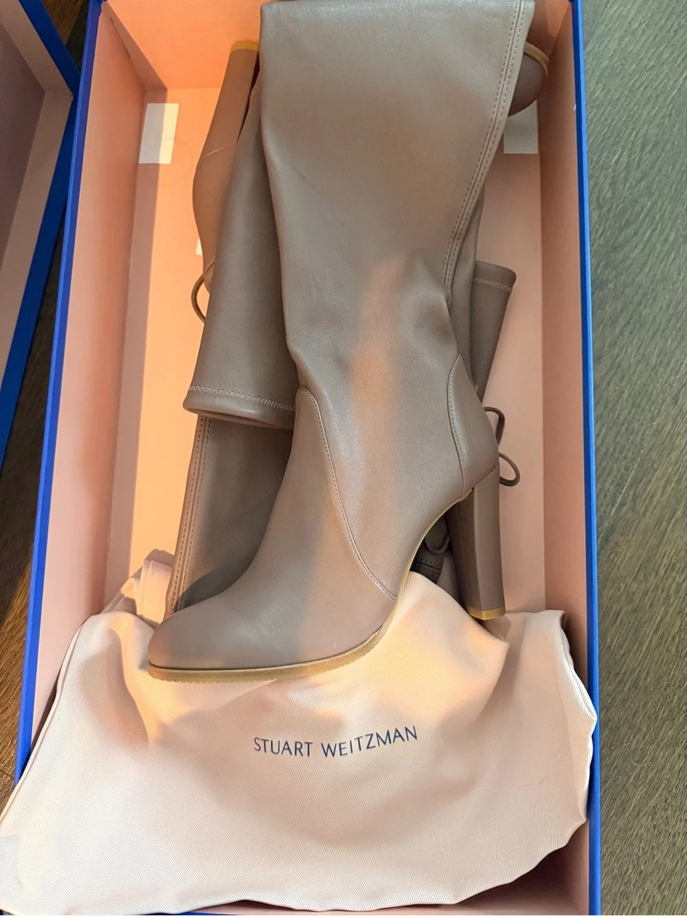 Stuart Weitzman Over-the-Knee Block Heel Boots in Mauve Taupe